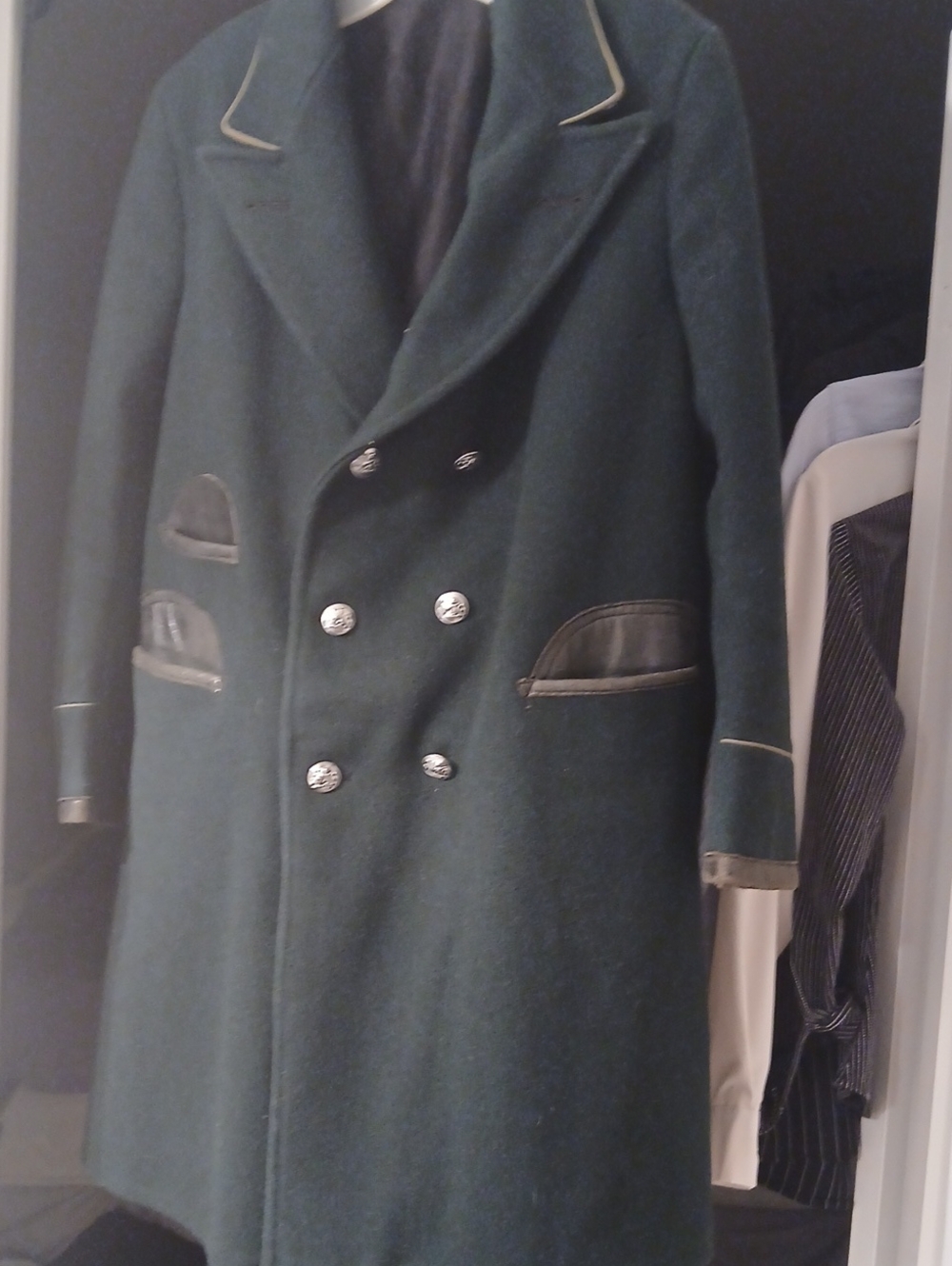 Vintage European Wool Coat With Leather Pocket Trim And Cuffs